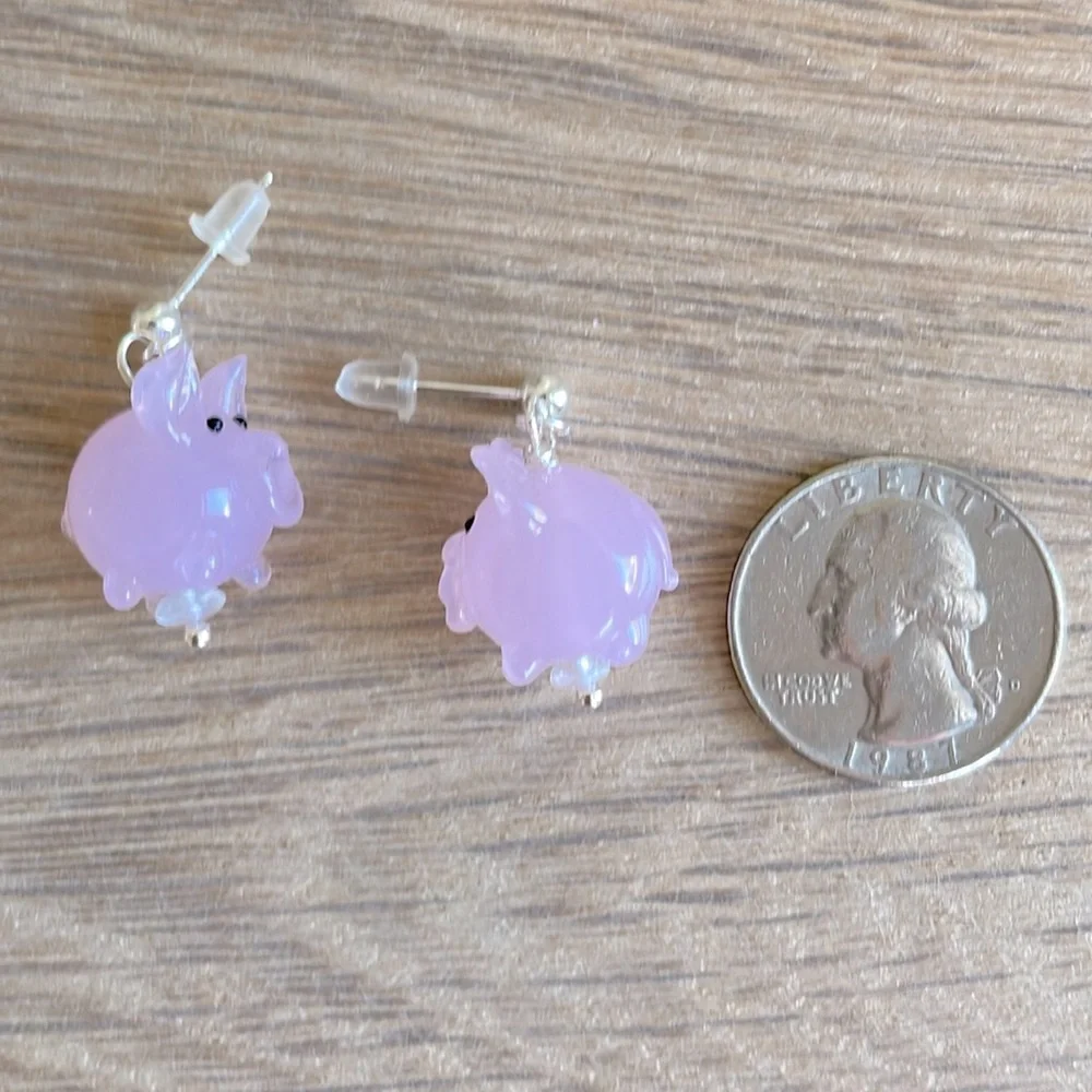 HAND CRAFTED PINK PIGLET EARRINGS Glass Pink Sterling Silver Posts Whimsical